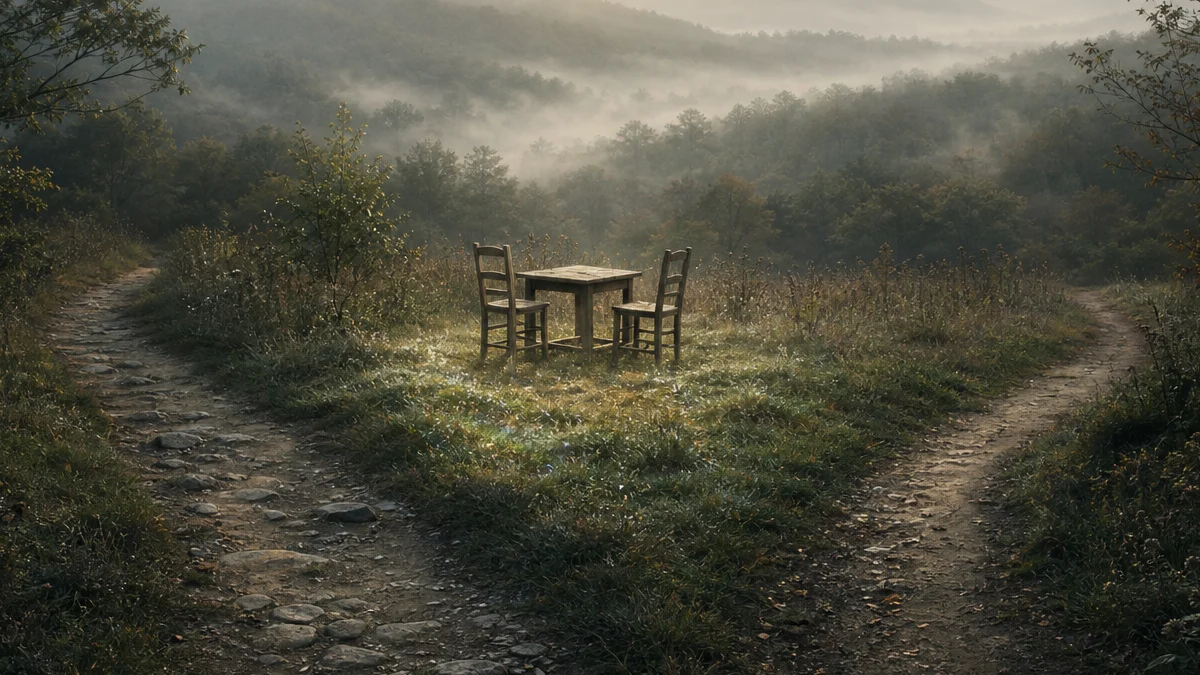 Two footpaths converge at a small table with two empty chairs in a misty Appalachian clearing.