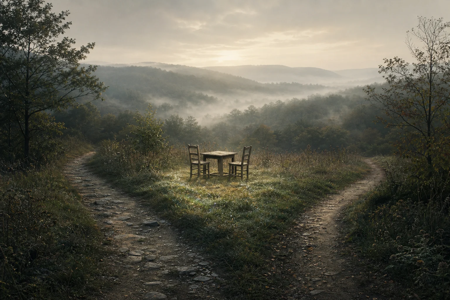 Two footpaths converge at a small table with two empty chairs in a misty Appalachian clearing.