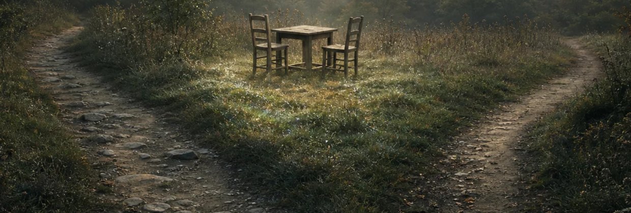Two footpaths converging at a small wooden table with an open seat, dew-lit grass at dawn